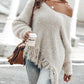 V Neck Long Sleeve Sweater Fringe Pullover Casual Tassel Fall Winter Top