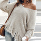 V Neck Long Sleeve Sweater Fringe Pullover Casual Tassel Fall Winter Top