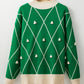 Dark Green Diamond Pattern Pom Accents Contrast Trim High Neck Sweater