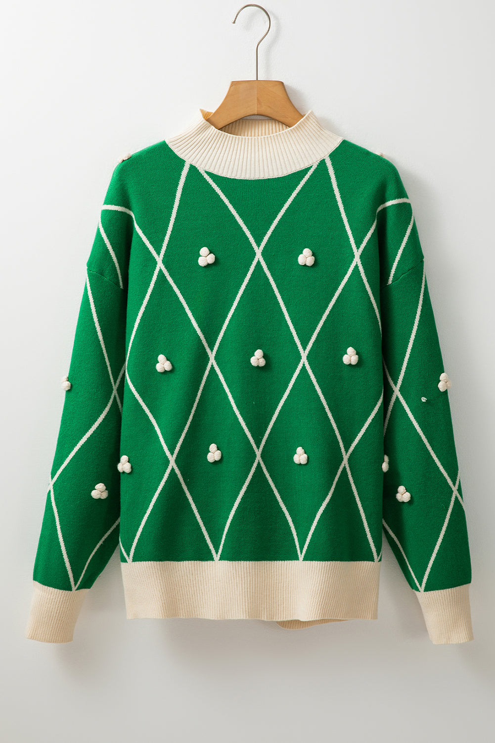 Dark Green Diamond Pattern Pom Accents Contrast Trim High Neck Sweater