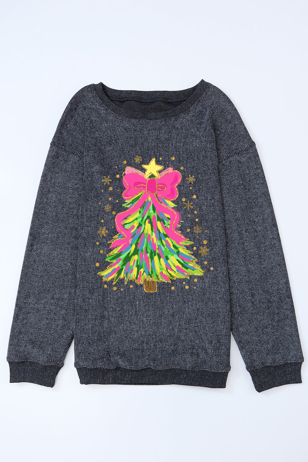 Gray Stunning Christmas Tree Printed Drop Shoulder Corded Sweatshirt