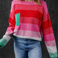 Rose Striped Knit Patch Pocket Drop Shoulder Sweater