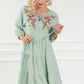 Green Floral Embroidery Tiered Ruffle Hem Dress