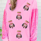 Pink Christmas Nutcracker Graphic Sequin Patchwork Long Sleeve Top