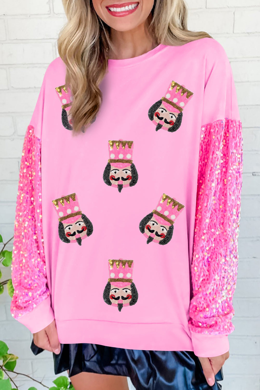 Pink Christmas Nutcracker Graphic Sequin Patchwork Long Sleeve Top