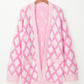 Pink Rhombus Pattern Knit Open Front Pocketed Cardigans