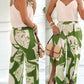 2 Piece Plant Pattern V Neck Spaghetti Strap Top Slit Front Wdie Leg Pants Elegant Pants Set