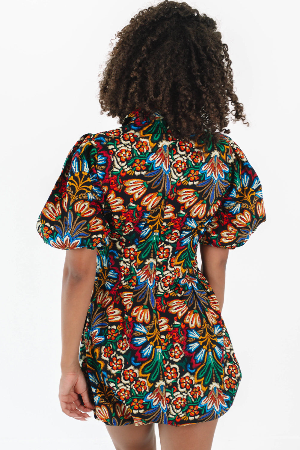 Multicolour Floral Puff Short Sleeve Shirt Mini Dress