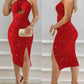 Glitter Chain Halter Sleeveless Hollow Out Bodycon Dress Ruched Slit Midi Dress