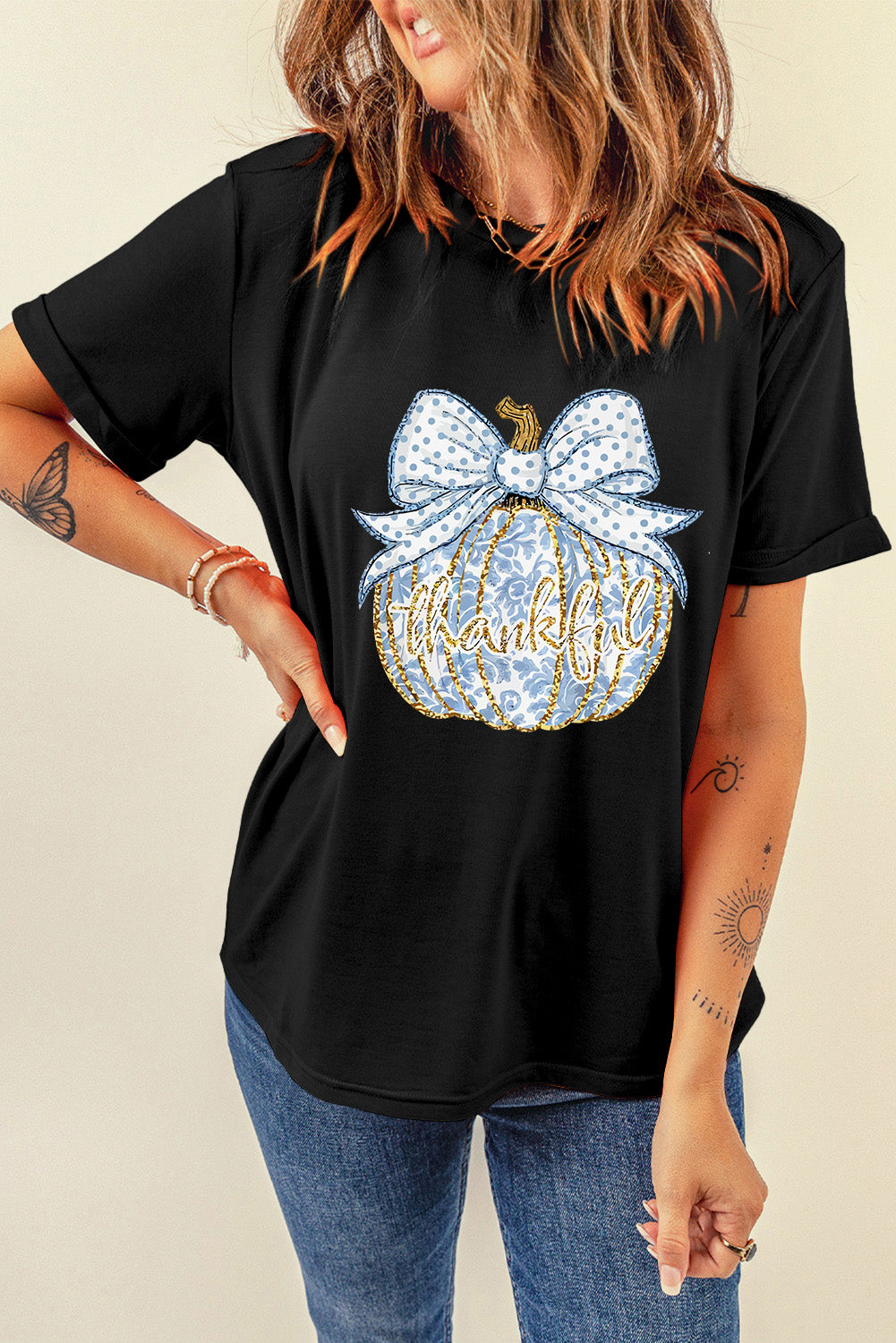 Black Polka Dot Bow Knot Thankful Pumpkin Graphic T Shirt