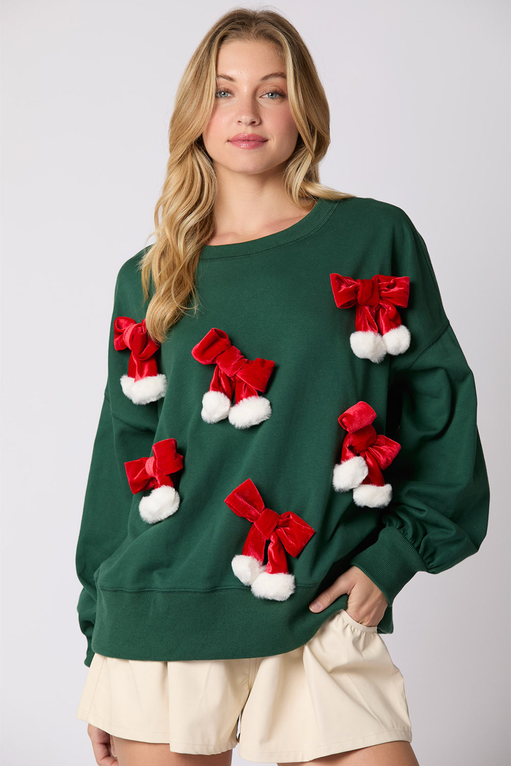 Blackish Green Christmas Bowknot Decor Crewneck Pullover Sweatshirt