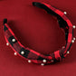 Red Dahlia Pearl Decor Christmas Plaid Knotted Headband