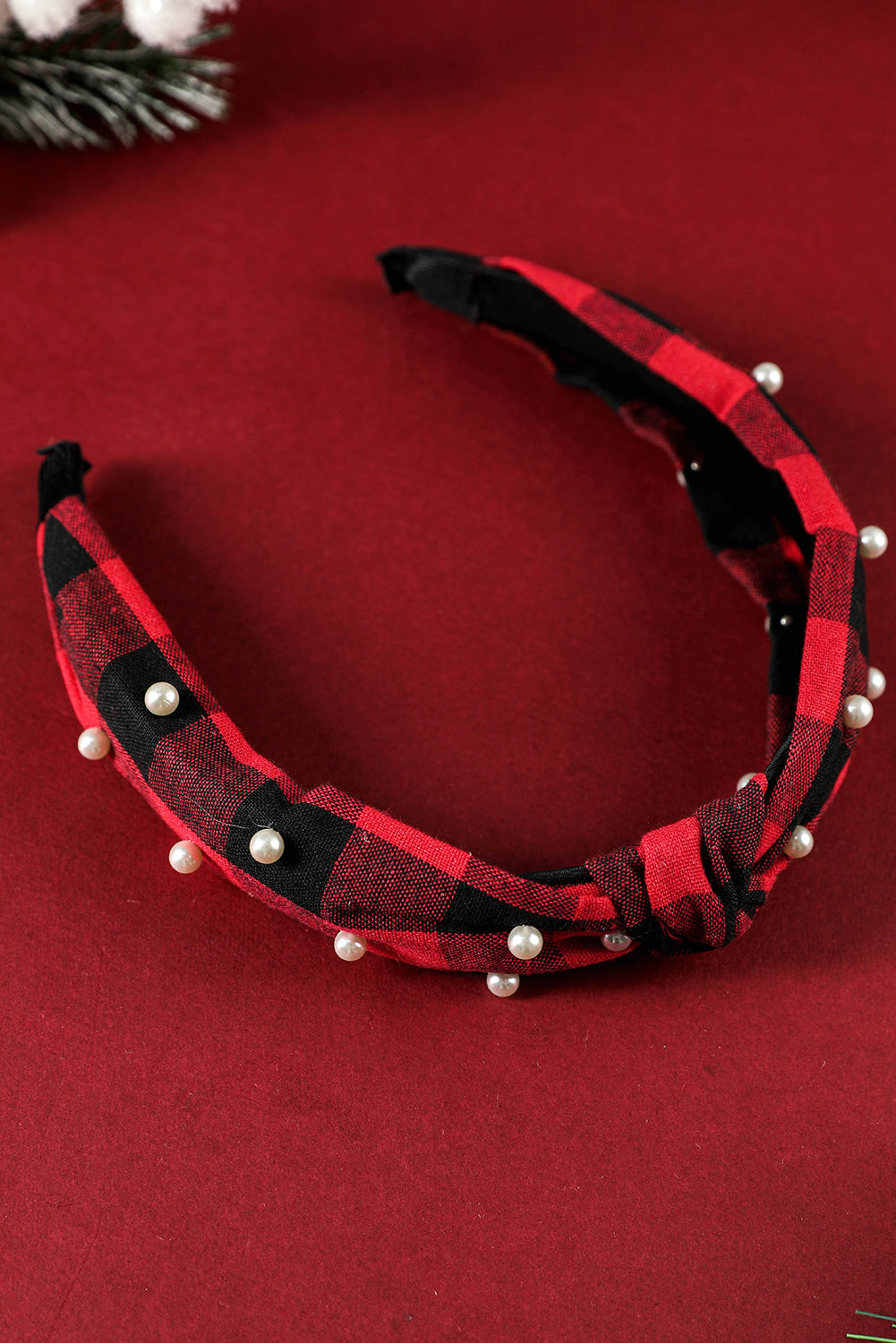 Red Dahlia Pearl Decor Christmas Plaid Knotted Headband