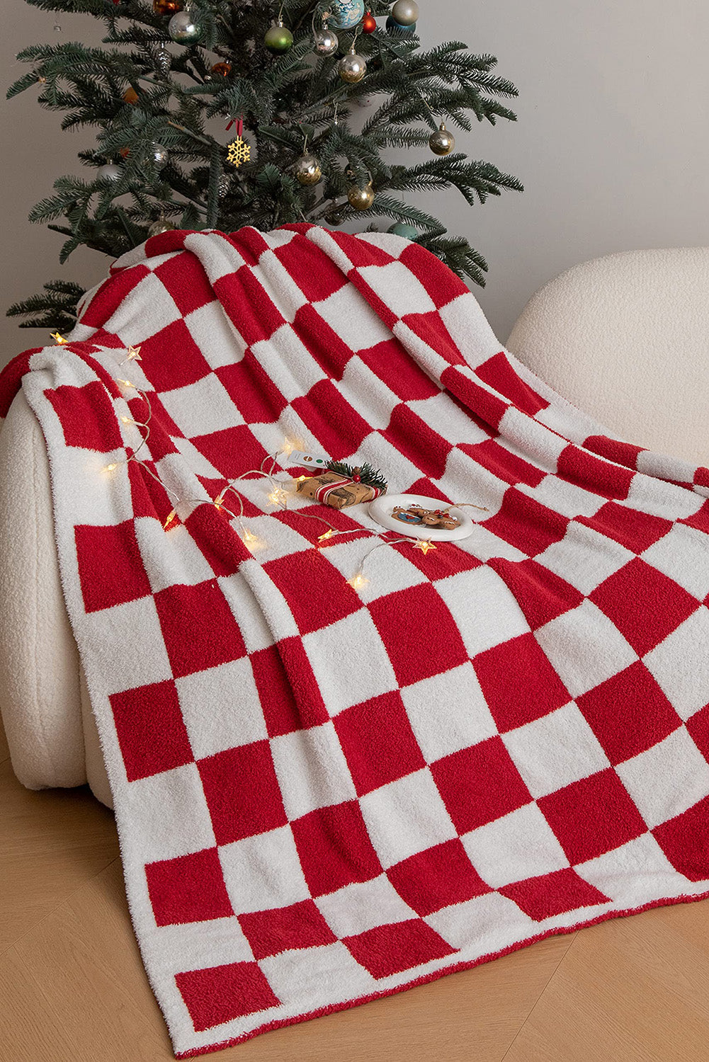 Fiery Red Plush Checkered Print Sofa Blanket 127*152cm