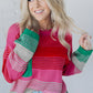 Rose Striped Knit Patch Pocket Drop Shoulder Sweater