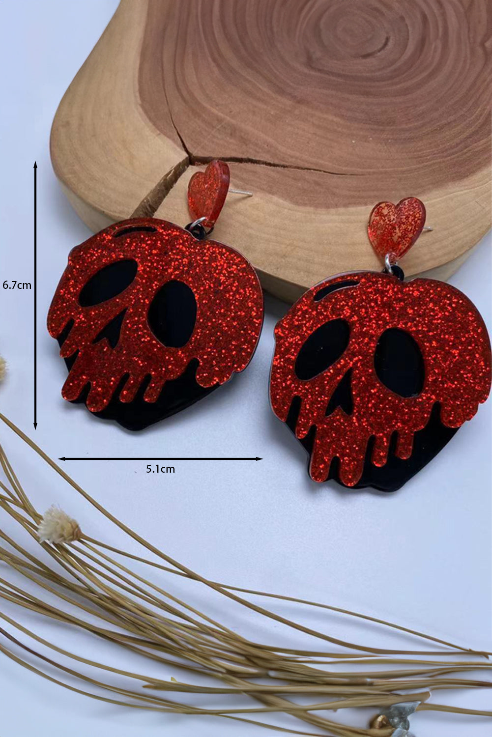 Fiery Red Halloween Skull Heart Shape Acrylic Stud Earrings