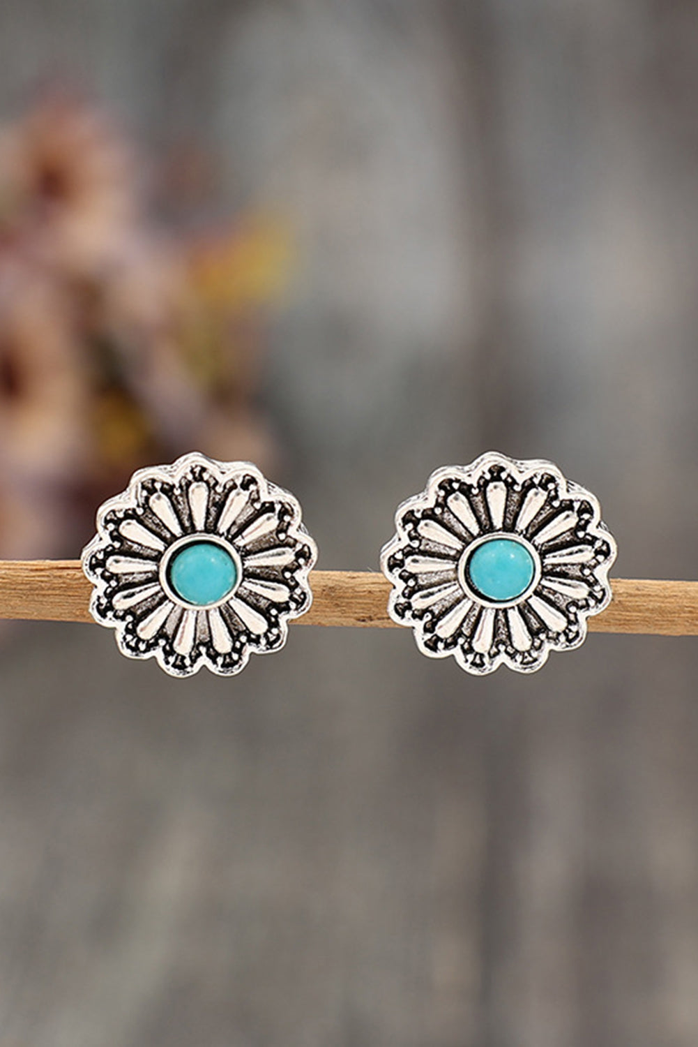 Silvery Western Turquoise Inlay Flower Stud Earrings