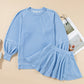 Sky Blue Corded Lantern Sleeve Top High Waist Ruffled Mini Skirt Set