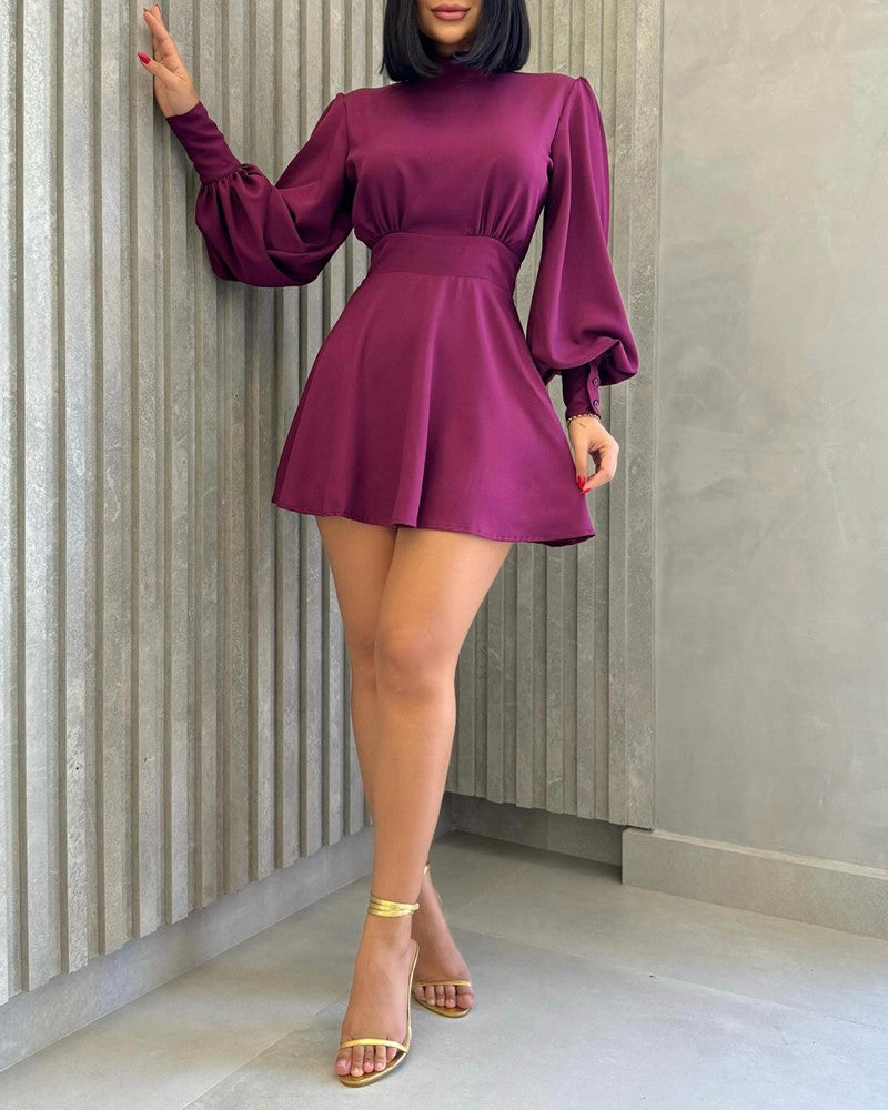 Lantern Sleeve Backless Tied Detail A Line Mini Dress