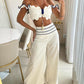 Scallop Trim Off Shoulder Top & Striped Wide Leg Pants Set