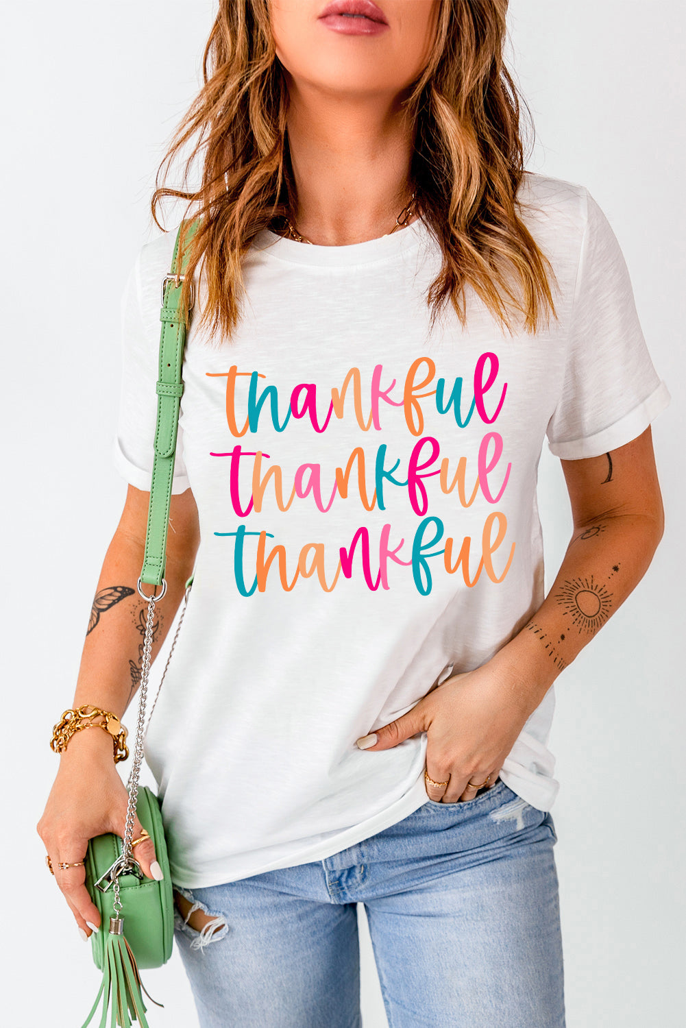 White Thankful Printed Crewneck Thanksgiving T Shirt