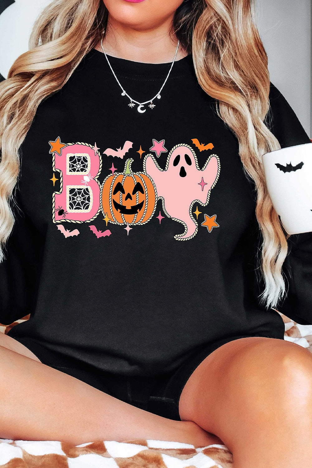 Black BOO Pumpkin Ghost Print Crew Neck Halloween Sweatshirt