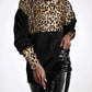 Velvet Contrast Leopard Sequin Patch Crewneck Sweatshirt Ruched Long Sleeve Zipper Slit Pullover Top