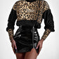 Velvet Contrast Leopard Sequin Patch Crewneck Sweatshirt Ruched Long Sleeve Zipper Slit Pullover Top