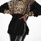 Velvet Contrast Leopard Sequin Patch Crewneck Sweatshirt Ruched Long Sleeve Zipper Slit Pullover Top