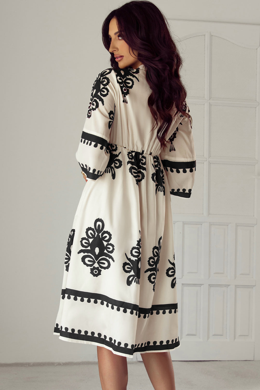 Beige Western Geometric Print 3/4 Sleeve Loose Midi Dress