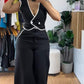 2 Pieces Colorblock V Neck Contrast Binding Sleeveless Vest Tank and Casual Wide Leg Pants Set