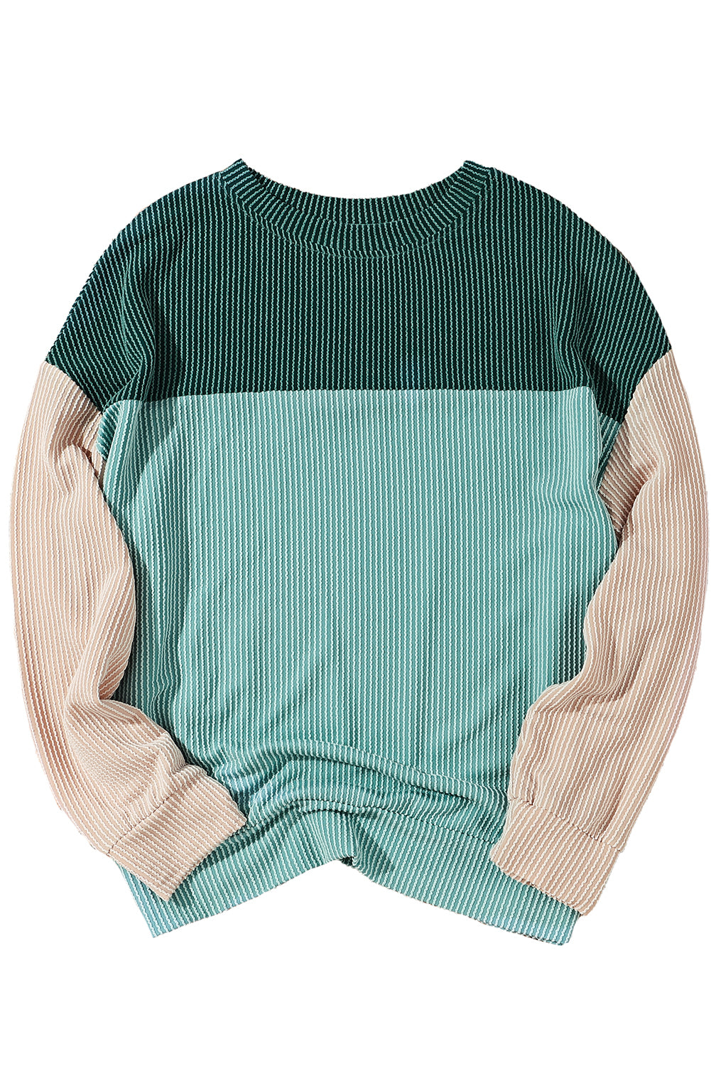 Green Color Block Long Sleeve Ribbed Loose Top