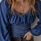 Dark Blue Smocked Ruffled Puff Sleeve V Neck Denim Blouse