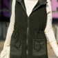 Moss Green Quilted Side Pockets Stand Neck Hooded Plush Tunic Vest