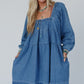 Dusk Blue Square Neck Side Pockets Loose Fit Denim Mini Dress