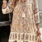 Apricot Floral Print Tassel Drawstring V Neck Loose Mini Dress