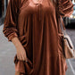 Coffee Plus Size V Neck Collared Pleated Back Rounded Hem Velvet Dress