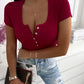 Button Front Sexy Scoop Neck Short Sleeve T Shirt Casual Slim Fit Knit Top