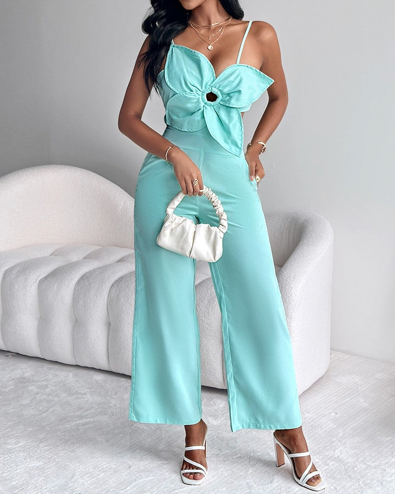 Floral Pattern Pocket Design Hollow Out Jumpsuit