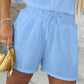 2 Pieces V Neck Button Decor Bell Sleeve Top and Casual Drawstring Stechy Waist Shorts Set