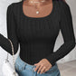 U Neck Long Sleeve Ribbed Tops Fleece Lined Basic Layering Soft Thermal Tee