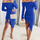 Off Shoulder Long Sleeve Side Drawstring Asymmetrical Hem Bodycon Dress