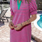 Pink Stripe Collared V Neck Puff Sleeve T Shirt Dress