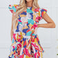 Pink Abstract Printed Ruffled Flutter Sleeve Tiered Mini Dress