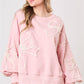 Light Pink Bow Thread Embroidery Ribbed Edge Sweatshirt