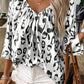 Black Leopard Print Ruched V Neck 3/4 Sleeve Blouse