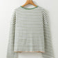 Green Stripe Textured Frilly Trim Buttons Henley Long Sleeve Top