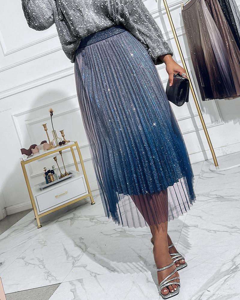 Ombre Sheer Mesh Patch A Line Pleated Glitter Skirt