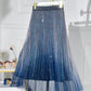 Ombre Sheer Mesh Patch A Line Pleated Glitter Skirt