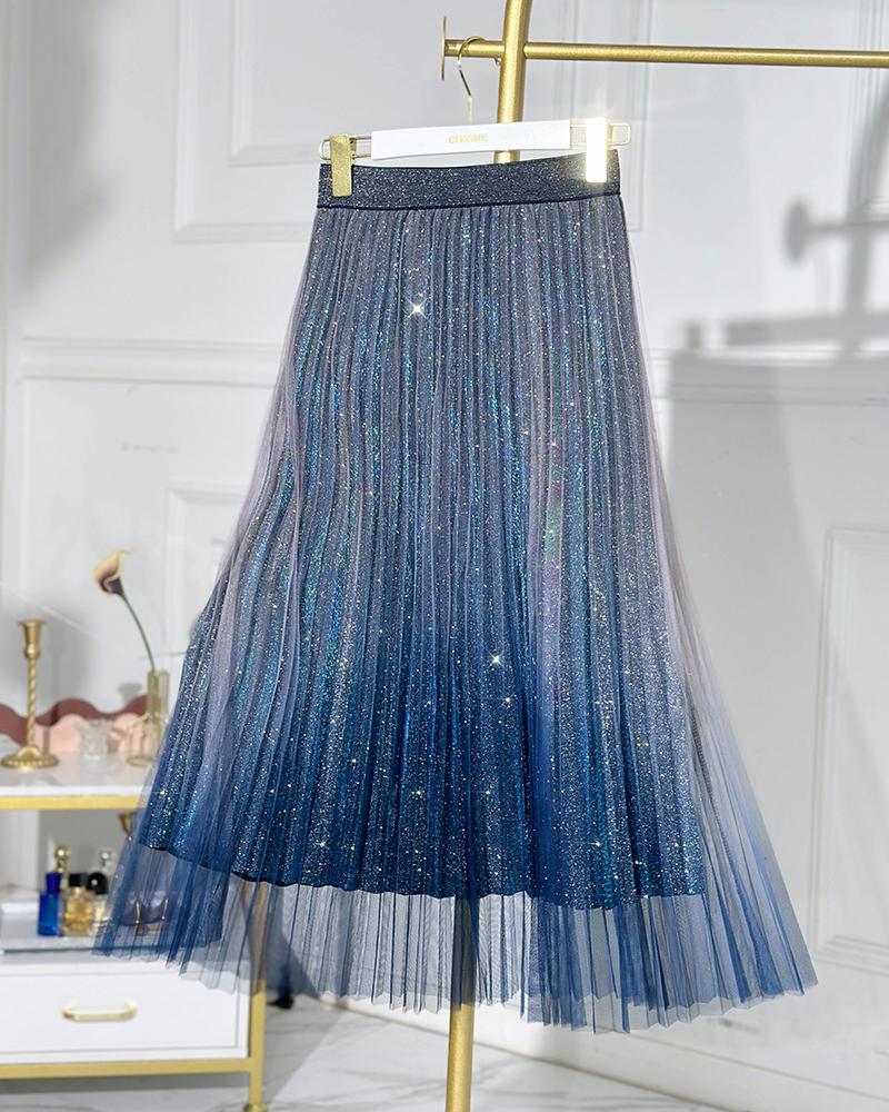 Ombre Sheer Mesh Patch A Line Pleated Glitter Skirt